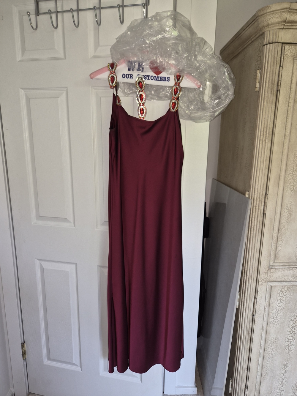Elegant Burgundy Beaded Strap Dress